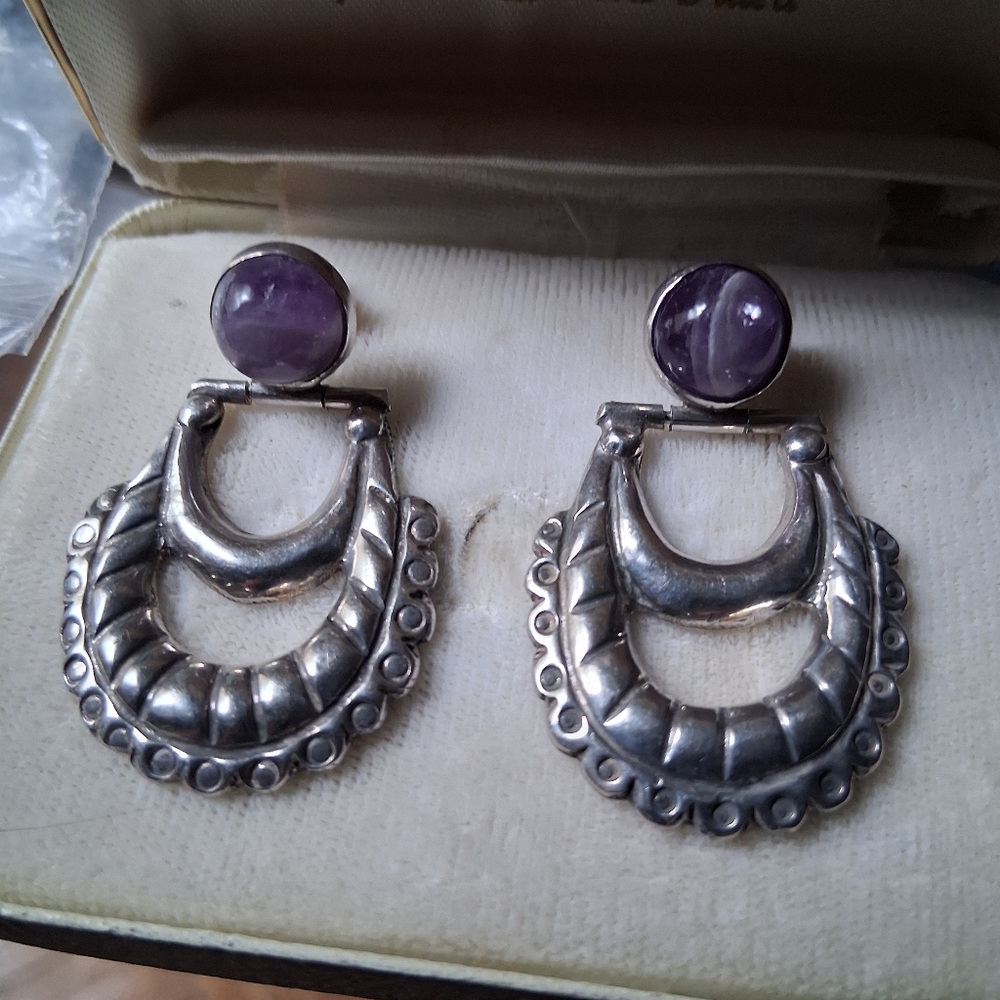 Mexican Sterling Silver Amethyst Earrings Large Vintage Handmade